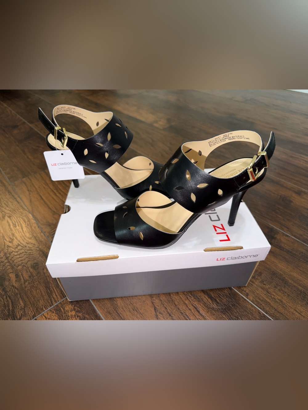 Liz Claiborne Black Laser-Cut Stiletto Memory Foam Sandals Heels Slingback 9M